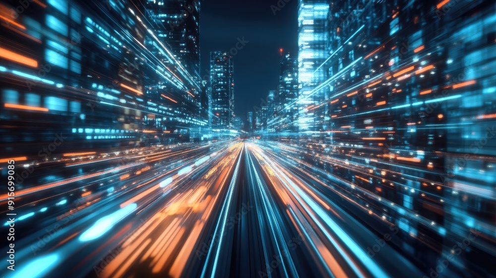 Poster mega city at night with a hyperloop moving fast. blurred lights from buildings create a dynamic, fut