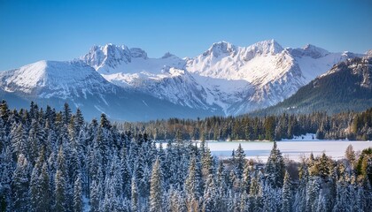 A majestic snow-covered mountain range standing tall under a bright, clear sky, showcasing the serene and breathtaking beauty of winter's untouched wilderness.