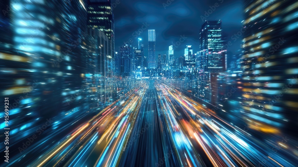 Poster mega city illuminated at night with a hyperloop moving at warp speed. 3d render showing blurred buil