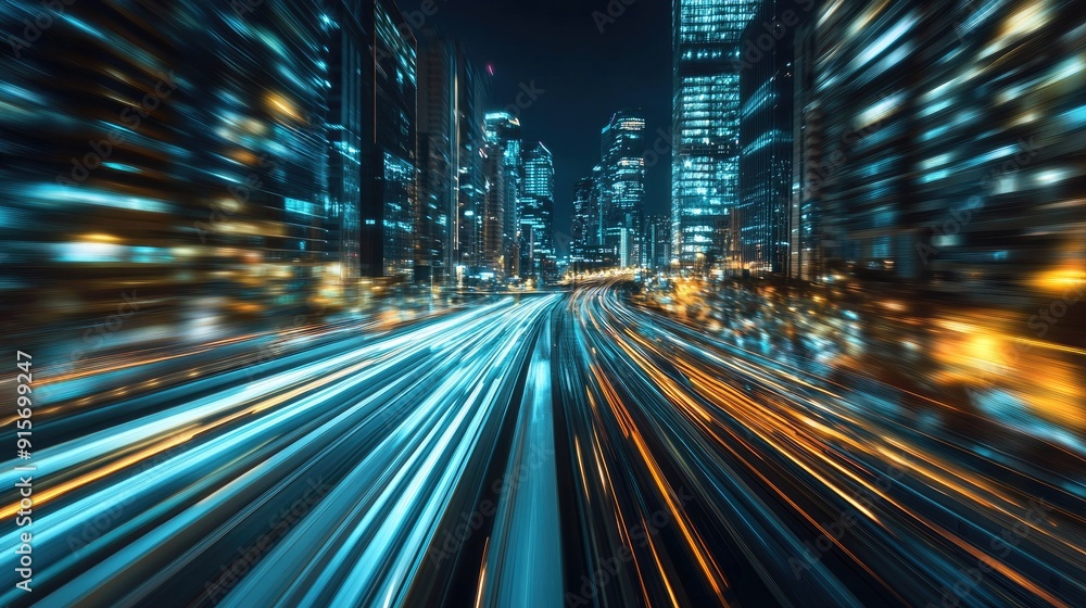 Poster mega city illuminated by night with a hyperloop moving at extreme speeds. blurred lights from buildi