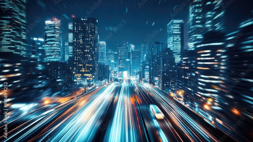 Poster mega city illuminated by night with a hyperloop moving at extreme speeds. blurred lights from buildi