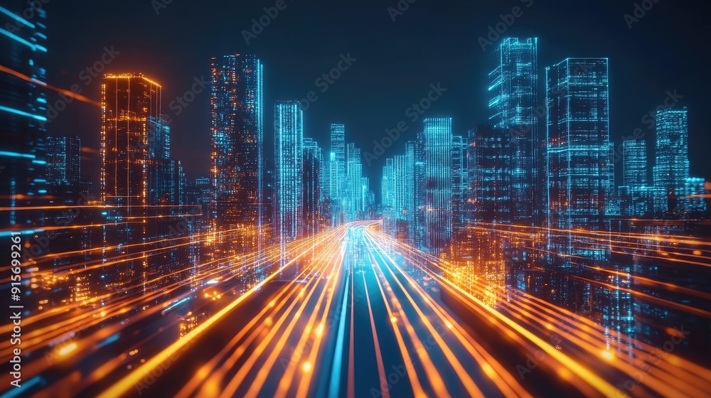 Poster mega city illuminated at night with a hyperloop moving at warp speed. 3d render showing blurred buil