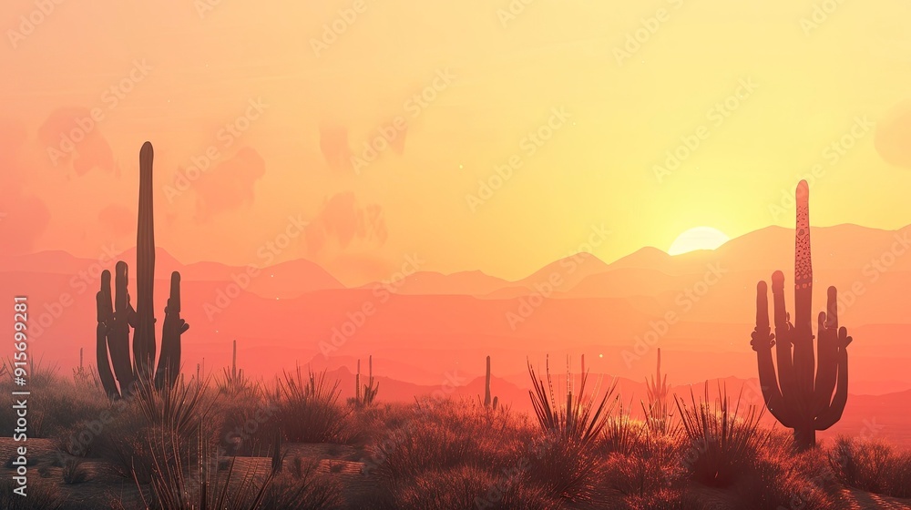 Wall mural Desert landscape with cacti silhouettes against a pastel sunrise.