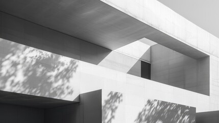 Fototapeta premium Minimalist white concrete building with geometric cutouts and shadows