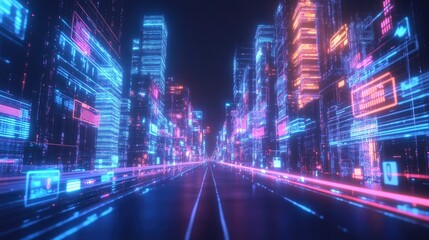 Fototapeta premium Metaverse cityscape featuring a street with blockchain technology and virtual reality elements. -