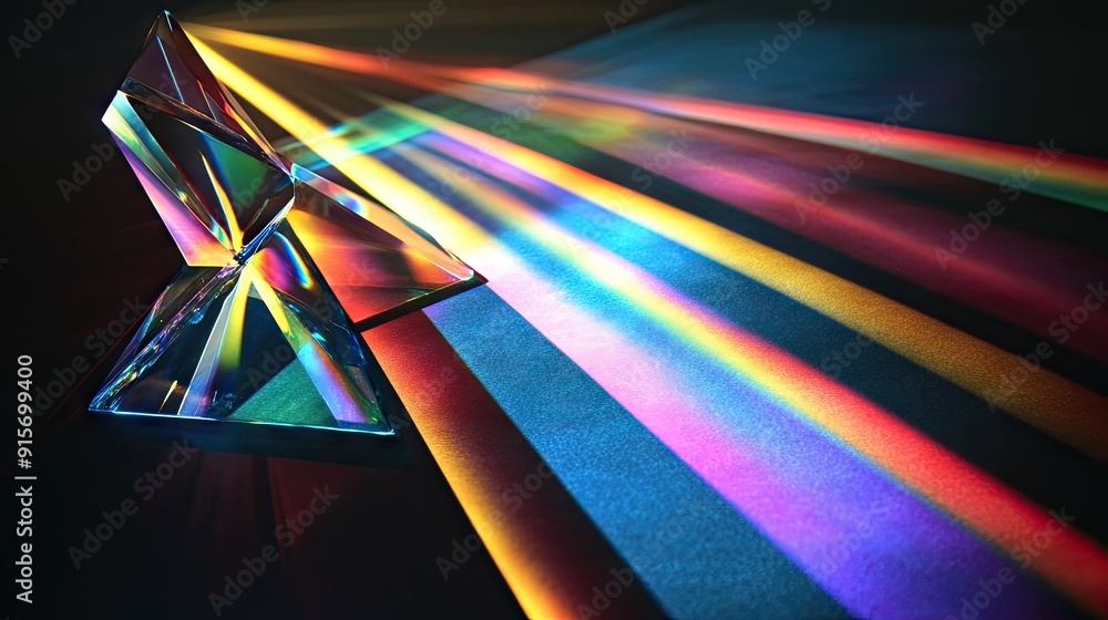 Poster mixture of glass triangular prisms and dichroic stripes scattering a strong light beam into several 