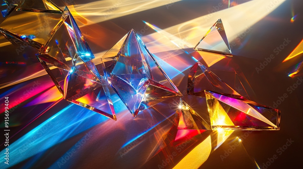 Poster mixture of glass triangular prisms and dichroic stripes scattering a strong light beam into several 