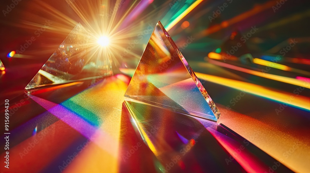 Poster mixture of glass triangular prisms and dichroic stripes scattering a strong light beam into several 