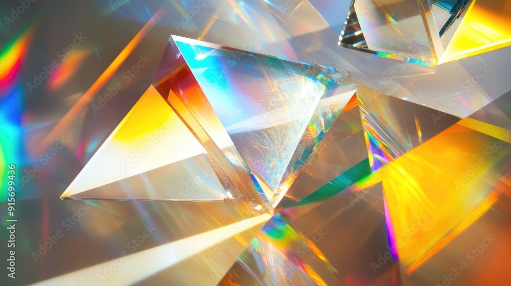 Poster mixture of glass triangular prisms and dichroic stripes scattering a strong light beam into several 
