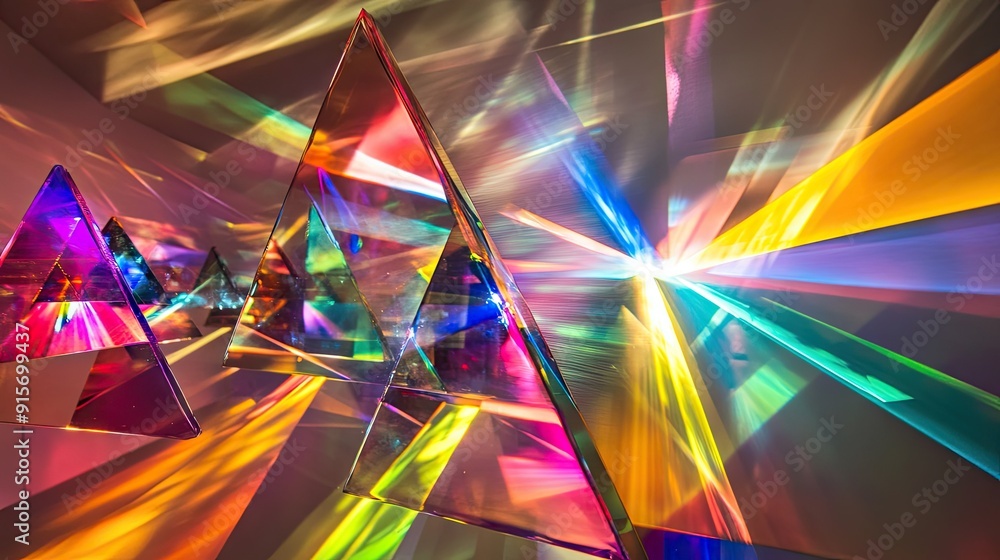 Poster mixture of glass triangular prisms and dichroic stripes scattering a strong light beam into vibrant 