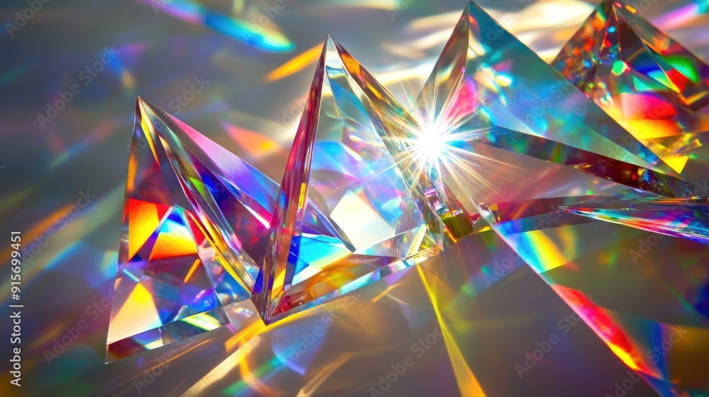 Poster mixture of glass triangular prisms and dichroic stripes scattering a strong light beam into vibrant 