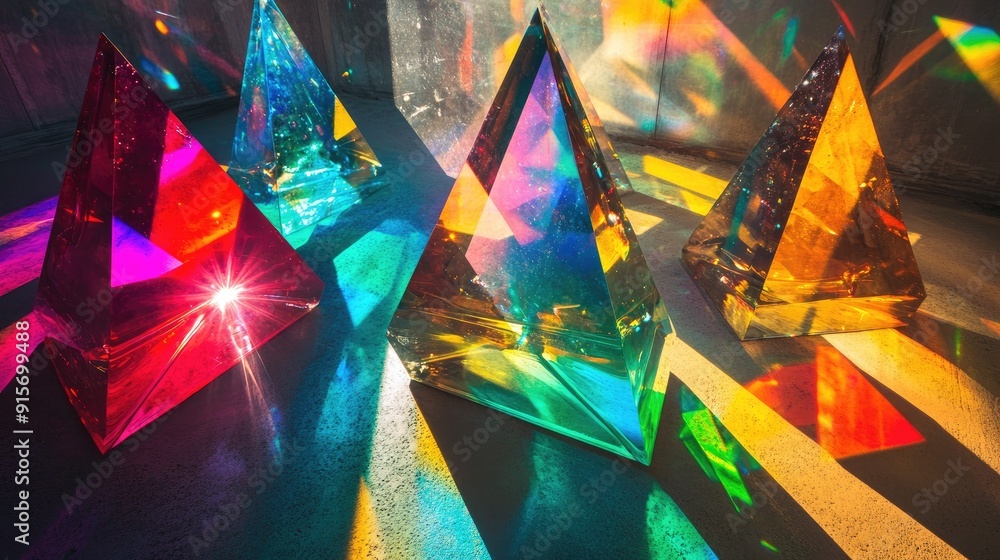 Poster mixture of glass triangular prisms and dichroic stripes refracting a strong beam of light into sever