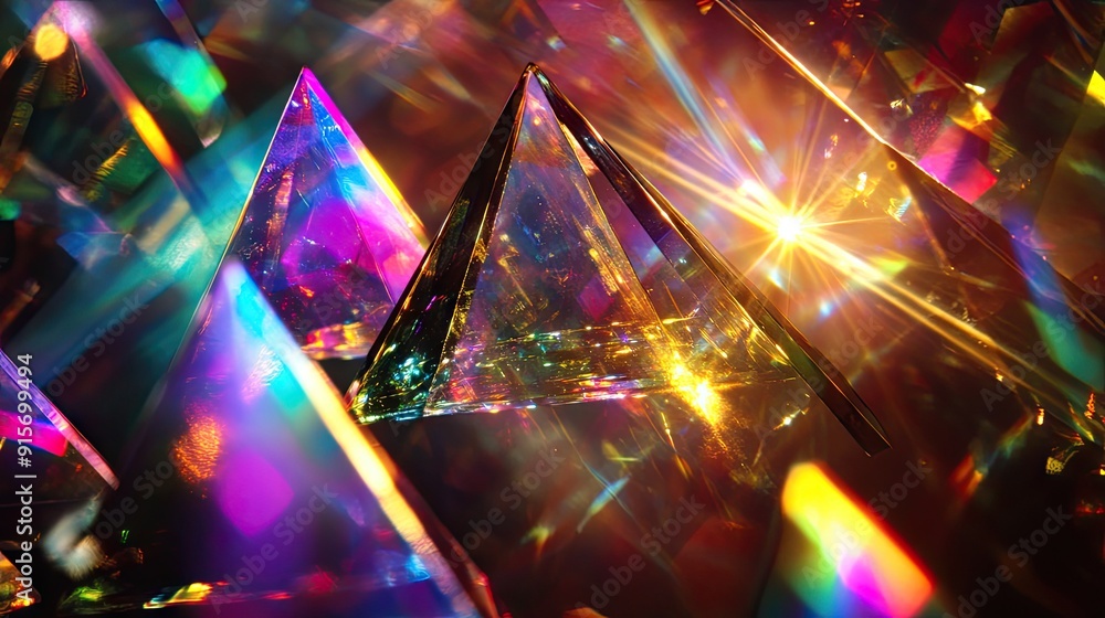 Poster mixture of glass triangular prisms and dichroic stripes scattering a strong light beam into vibrant 