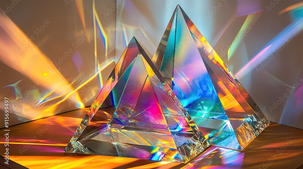 Poster mixture of glass triangular prisms and dichroic stripes refracting a strong beam of light into sever