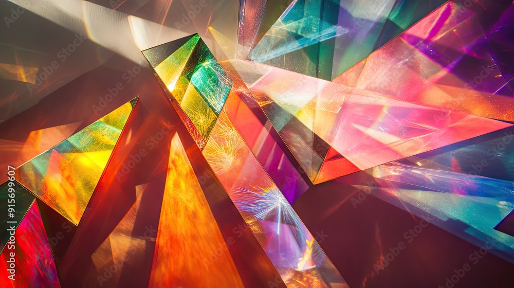 Poster mixture of glass triangular prisms and dichroic stripes dispersing a strong light beam into multiple