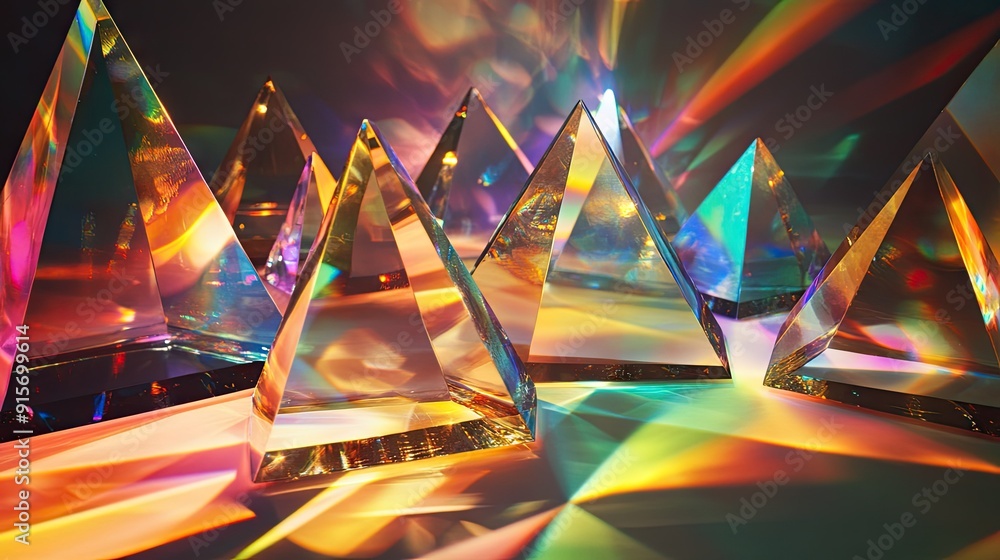 Poster mixture of glass triangular prisms and dichroic stripes refracting a strong light beam into several 