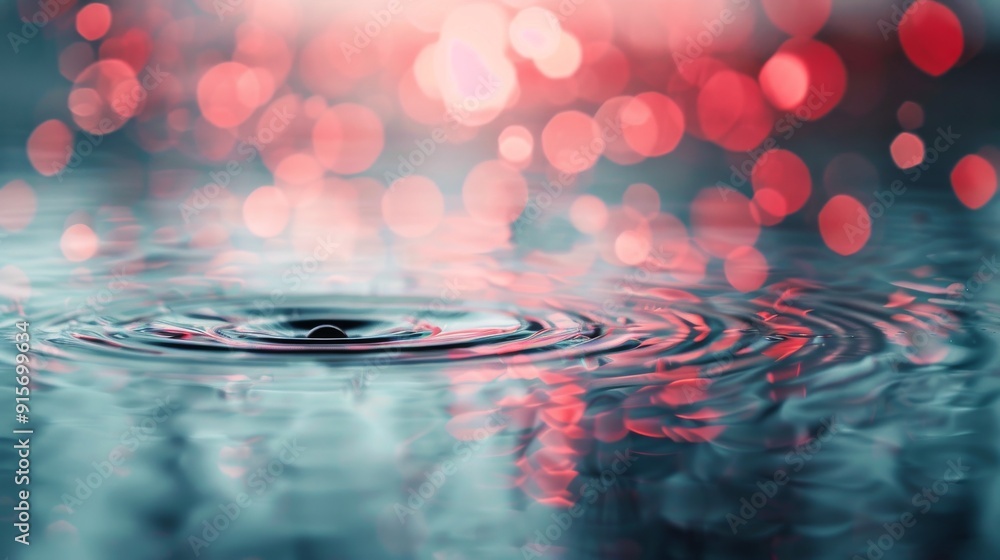 Poster ripples created by raindrops on calm water with bokeh background