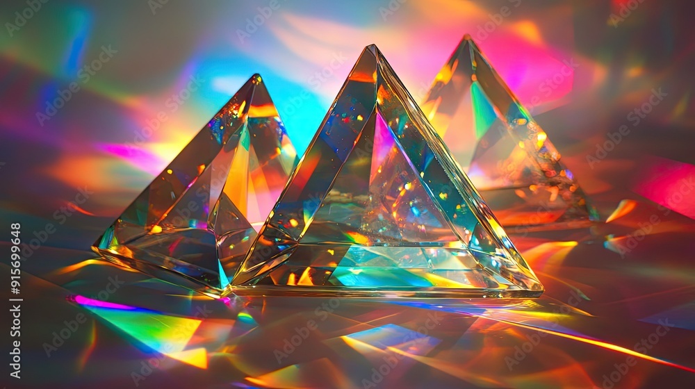 Poster mixture of glass triangular prisms and dichroic stripes refracting a strong light beam into several 
