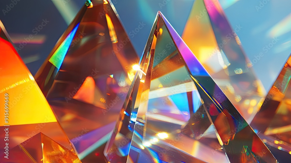 Poster mixture of glass triangular prisms and dichroic stripes refracting light into several vibrant color 