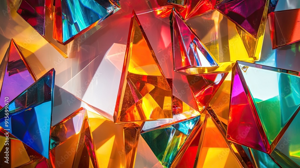 Poster mixture of glass triangular prisms and dichroic stripes refracting light into several vibrant color 