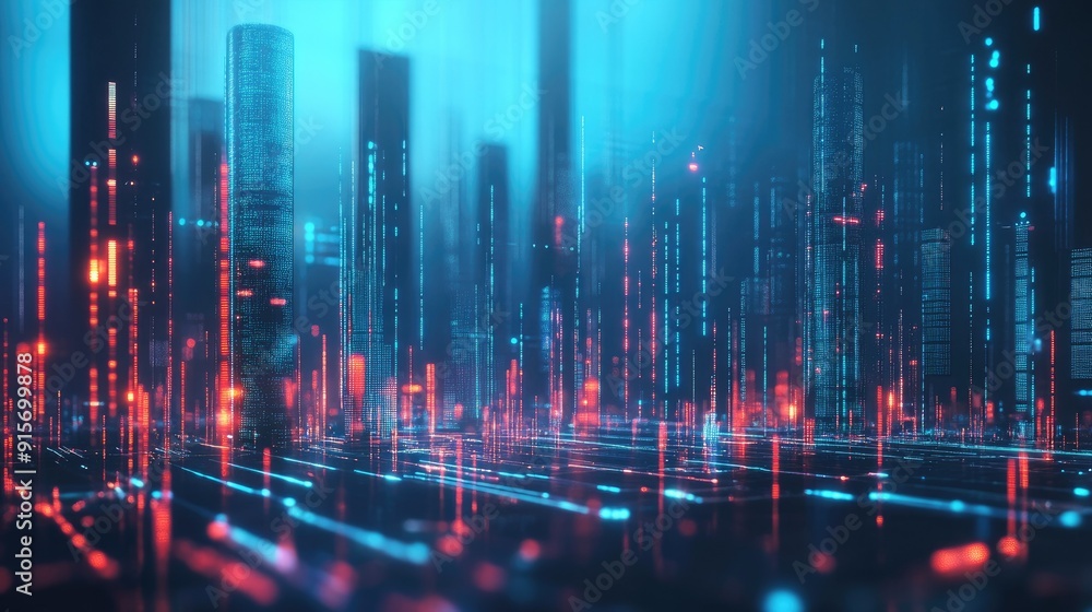 Poster modern cityscape with digital buildings and data streams symbolizing cyber security and technology.