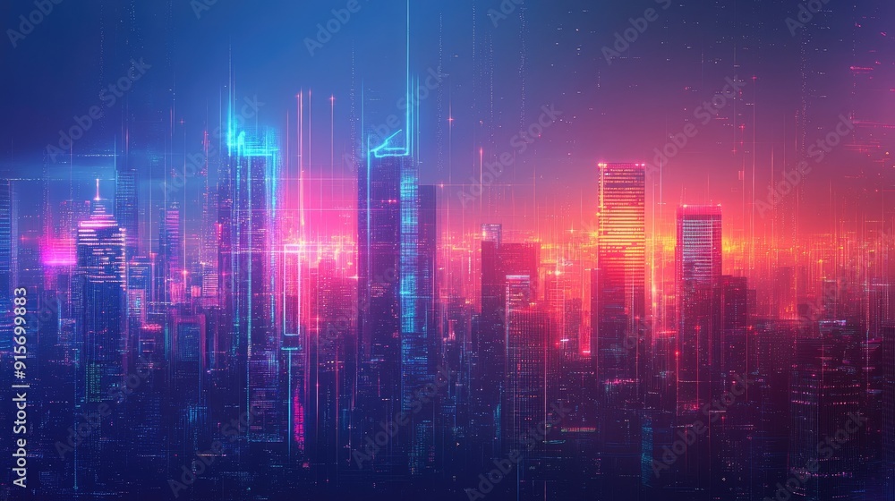 Poster modern cityscape with digital buildings and data streams symbolizing cyber security and technology.