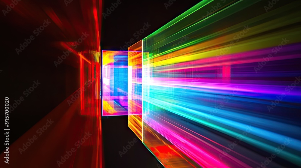 Poster multicolored glowing rectangular object creating a vibrant abstract effect in the dark.