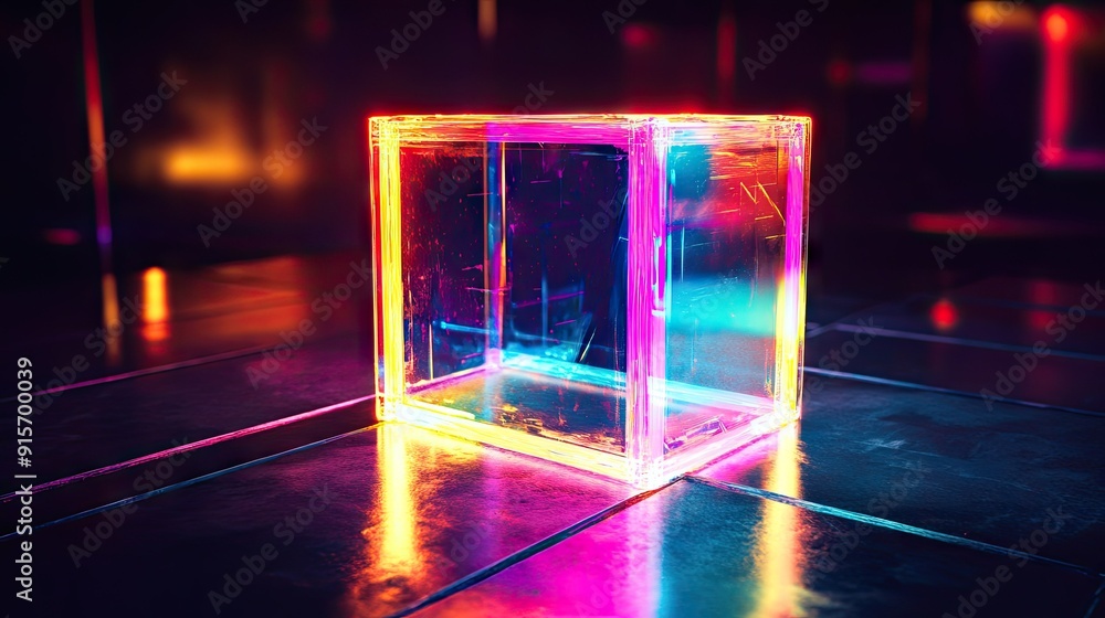 Poster multicolored glowing rectangular object creating a vibrant abstract effect in the dark.