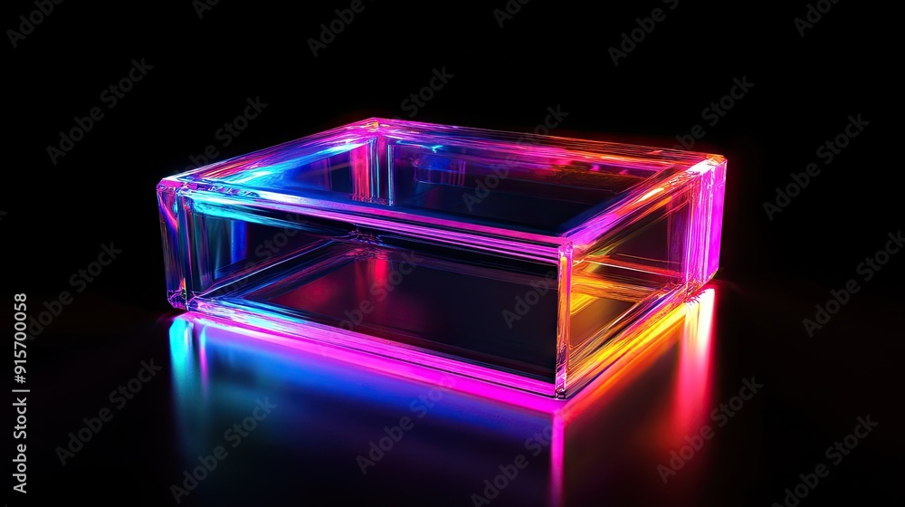 Poster multicolored glowing rectangular object creating a vivid abstract effect against a black backdrop.