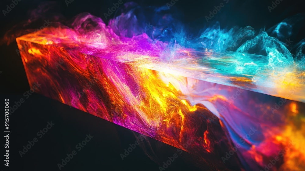 Poster multicolored glowing rectangular object creating a vivid abstract effect against a black backdrop.