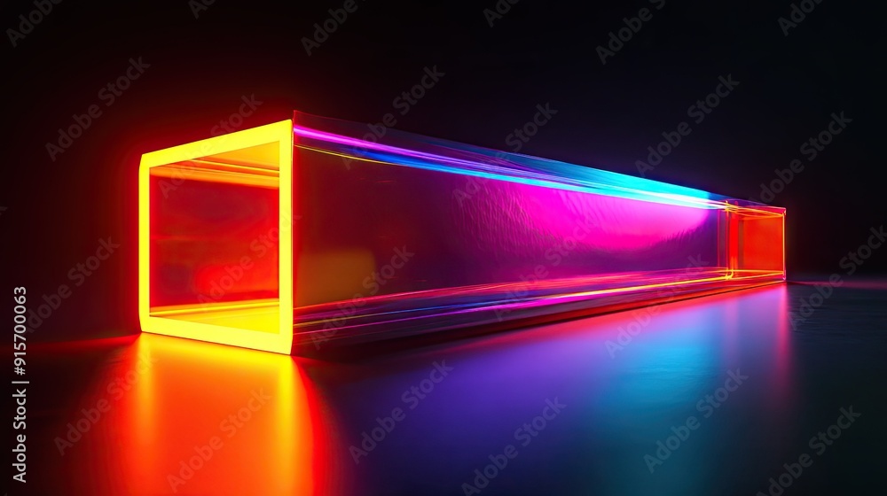 Poster multicolored glowing rectangular object creating a vivid abstract effect against a black backdrop.