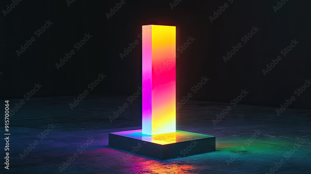Poster multicolored glowing rectangular object creating a vivid abstract effect against a black backdrop.
