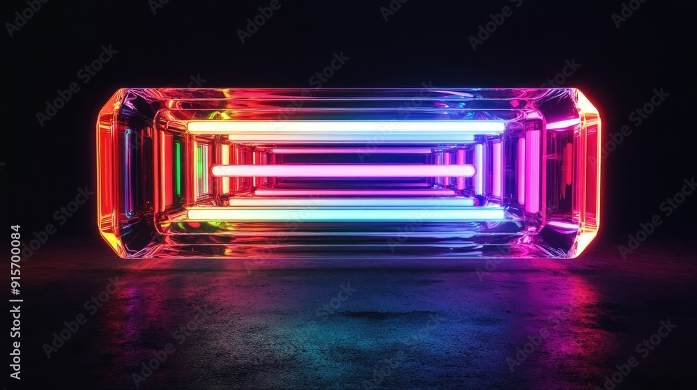 Poster multicolored neon lights forming an abstract rectangular object on a black background.