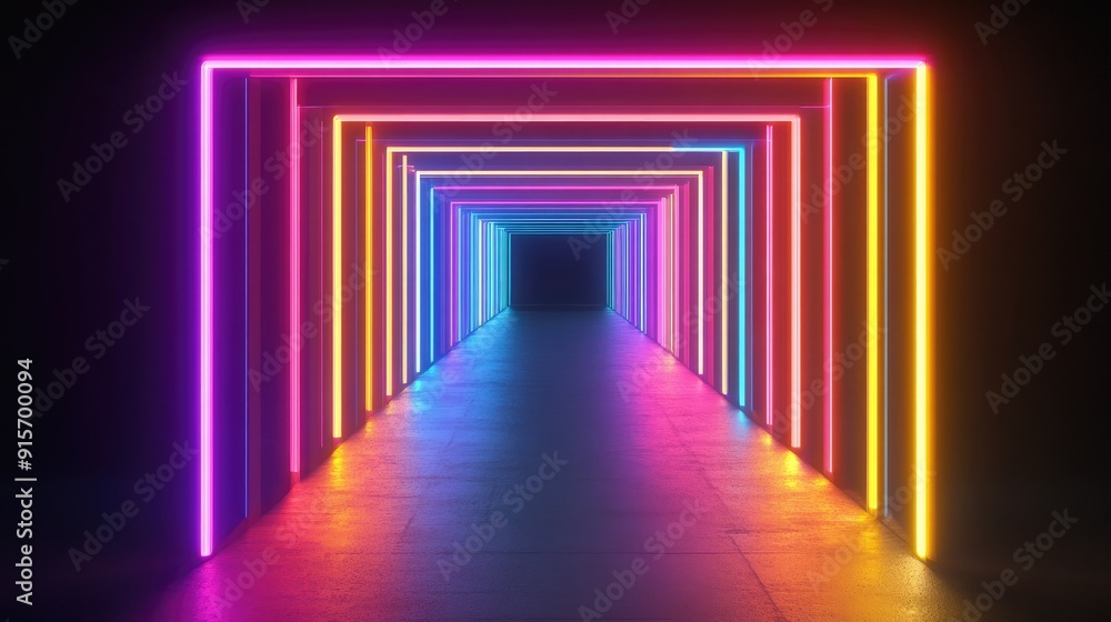 Poster multicolored neon lights forming an abstract rectangular object on a black background.
