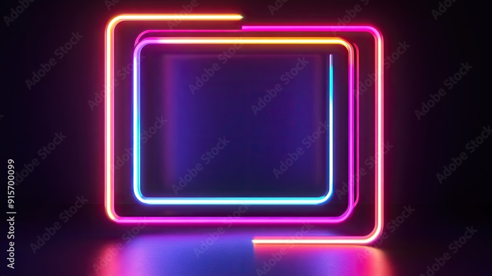 Poster multicolored neon rectangular object glowing brightly in the dark, creating an abstract effect.