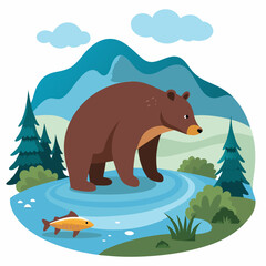 Bear Fishing in a Stream vector illustration on white background © Chayon Sarker