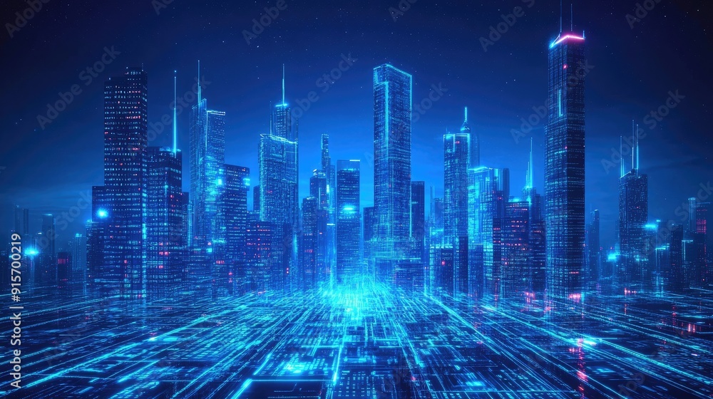 Poster neon blue city skyline with flowing binary code streams. symbolizing cutting-edge technology and dig