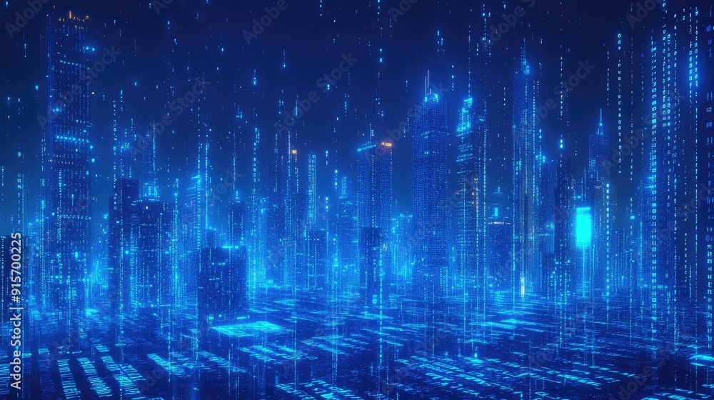 Poster neon blue city skyline with flowing binary code streams. symbolizing cutting-edge technology and dig