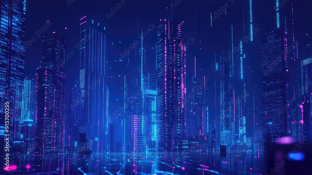 Poster neon blue city skyline with flowing binary code. high-tech illustration of data flow and digital inn