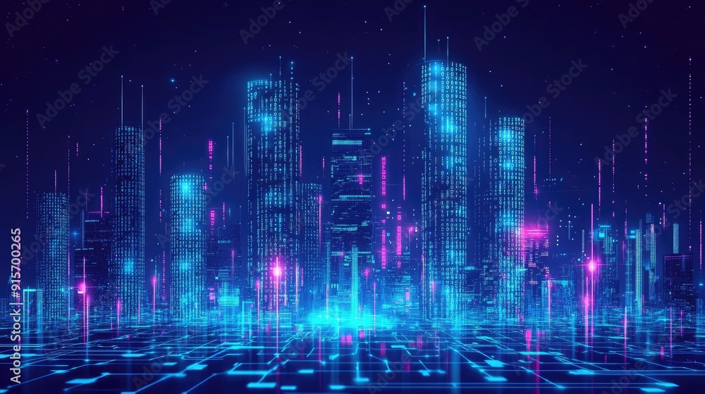 Poster neon blue city skyline with flowing binary code. high-tech illustration of data flow and digital inn