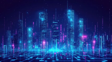 Fototapeta premium Neon blue city skyline with flowing binary code. High-tech illustration of data flow and digital innovation in an urban environment.