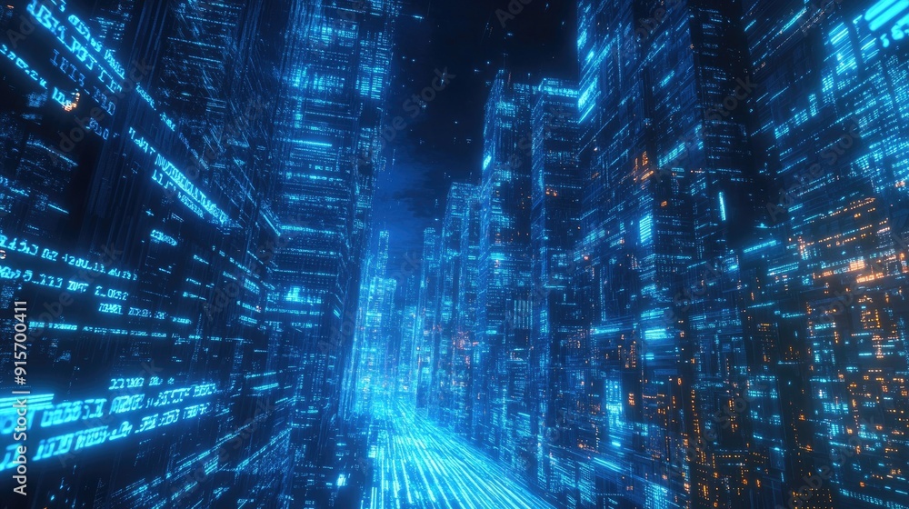 Poster neon blue illuminated city with streaming binary code. depiction of digital innovation, data flow, a
