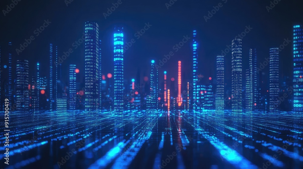Poster neon blue illuminated city with streaming binary code. high-tech design showcasing the concept of da