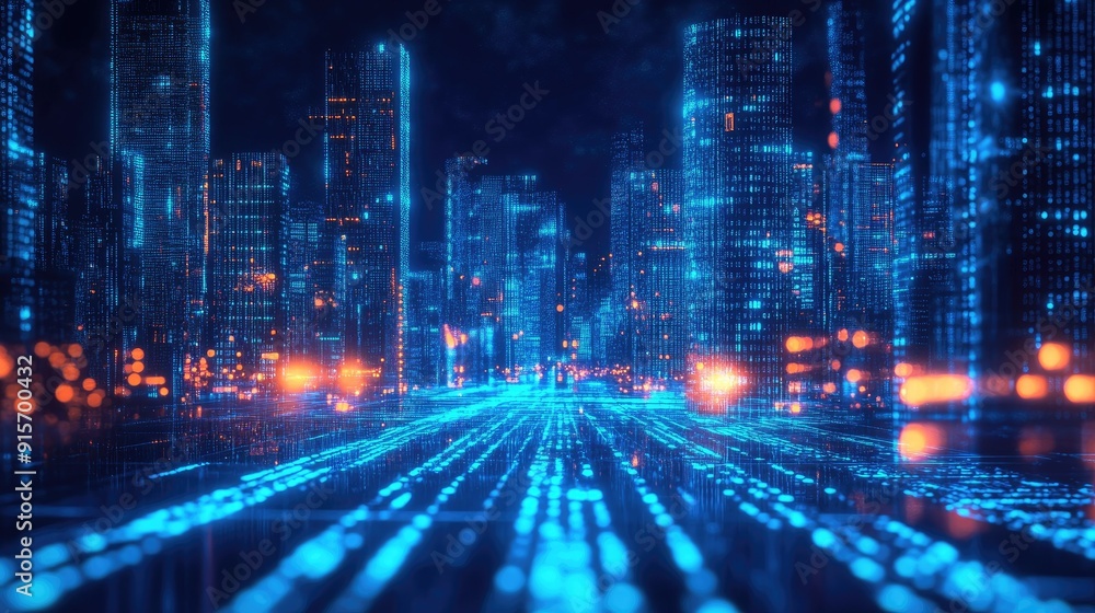 Poster neon blue illuminated city with streaming binary code. depiction of digital innovation, data flow, a