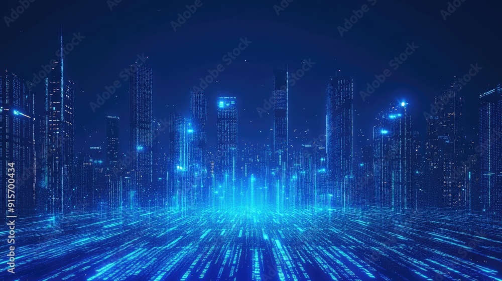 Poster neon blue illuminated city with streaming binary code. high-tech design showcasing the concept of da