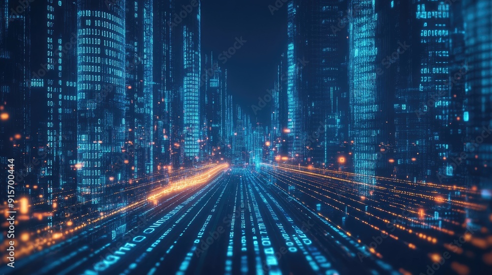 Poster neon blue illuminated city with streaming binary code. depiction of digital innovation, data flow, a