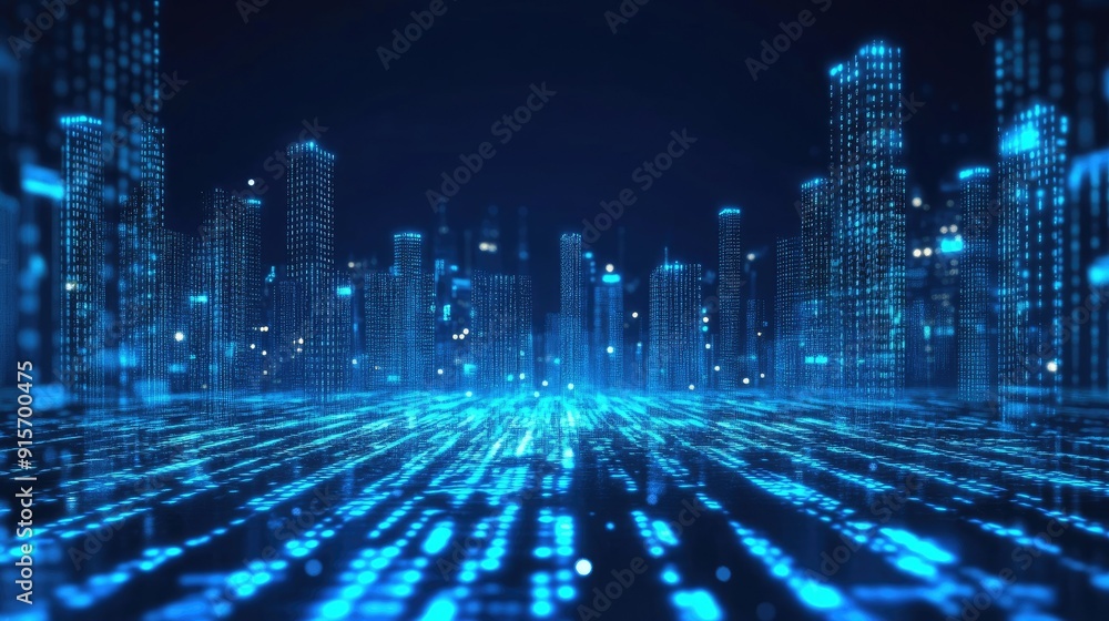 Poster neon blue illuminated city with streaming binary code. high-tech design showcasing the concept of da