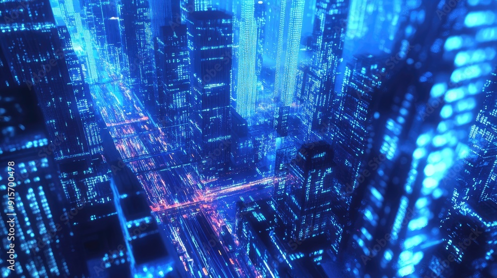 Poster neon blue illuminated city with streaming binary code. depiction of digital innovation, data flow, a