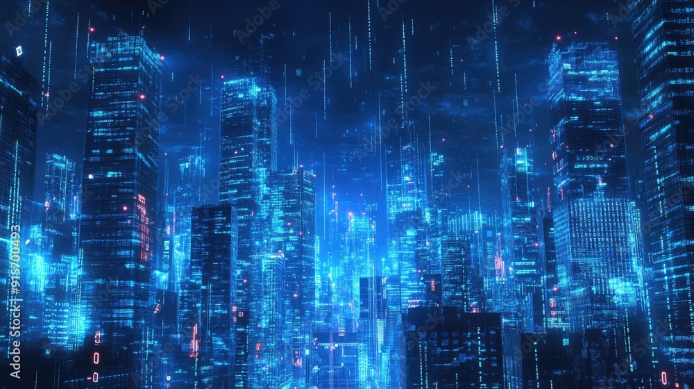 Poster neon blue illuminated cityscape with digital binary code streams. high-tech design showcasing data f