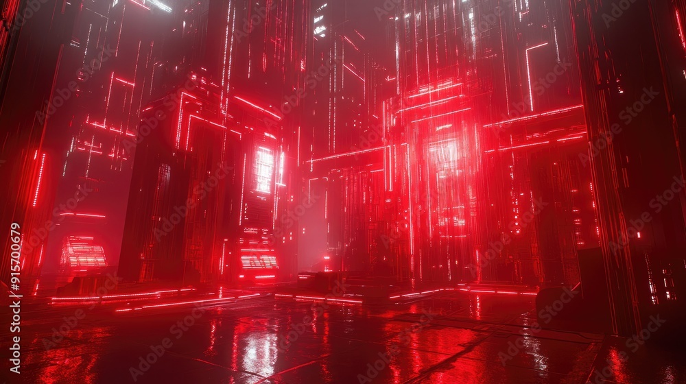Poster neon dark city with a striking red technology backdrop. cyberpunk 3d rendering featuring dynamic neo